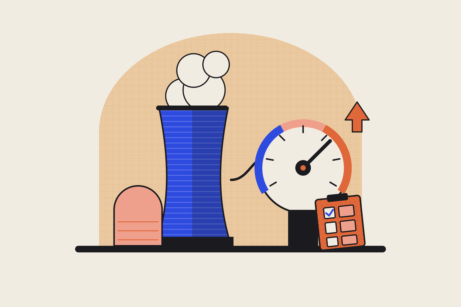 Flat geometric illustration in cobalt and terracotta.