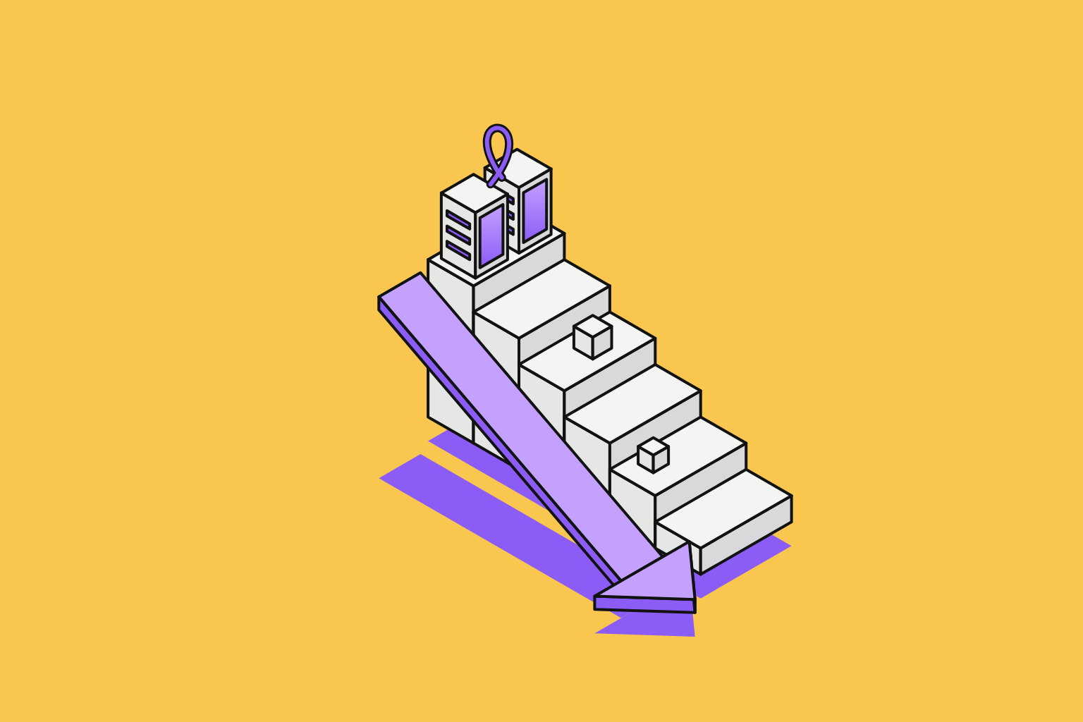 Isometric illustration of assembled objects in marigold and violet.