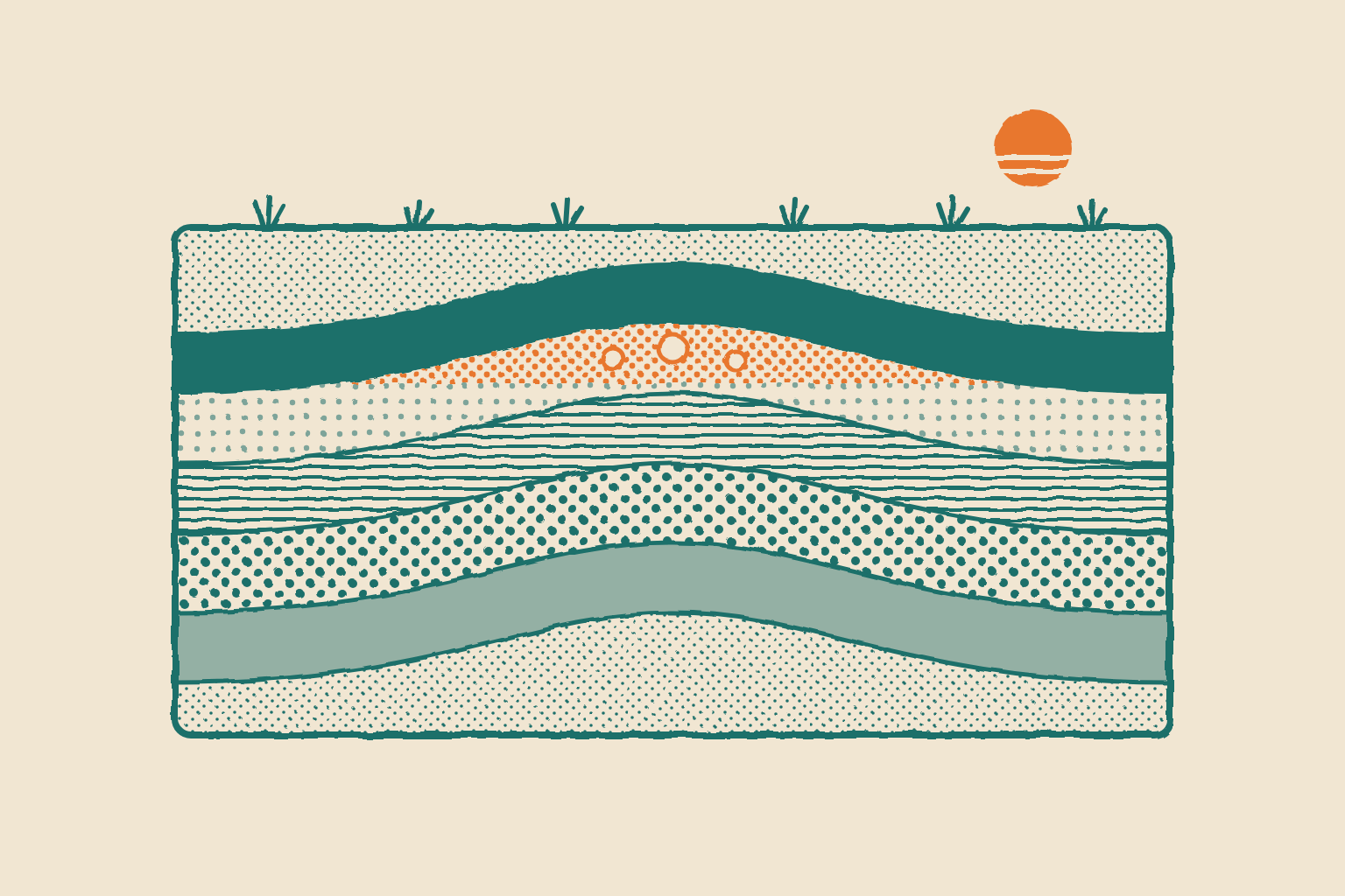 Illustration in a hand-printed ink style in teal ink on cream with an orange spot.