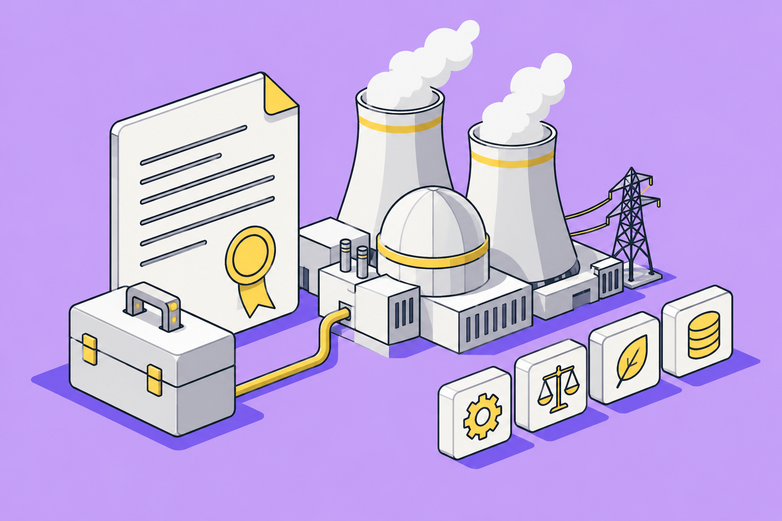Isometric illustration of assembled objects in lilac, sun yellow and indigo.