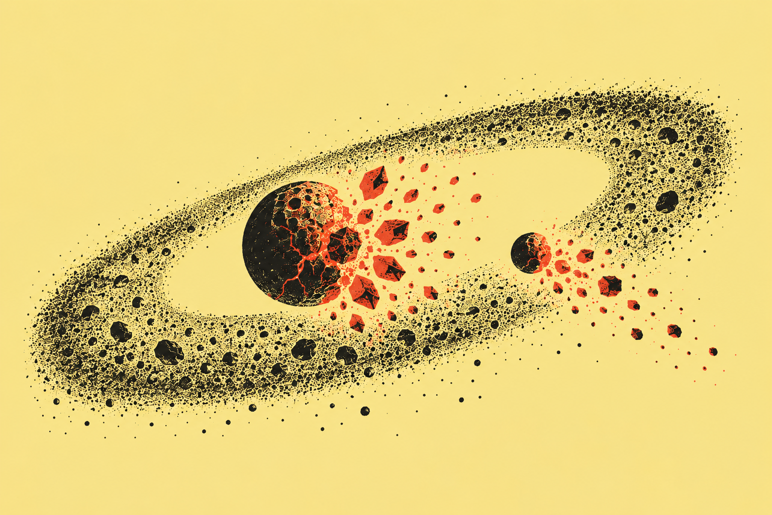 Illustration in a hand-printed ink style on the theme of studied planetary collision debris, astronomy and planet formation, in black ink on butter yellow with a vermilion spot.