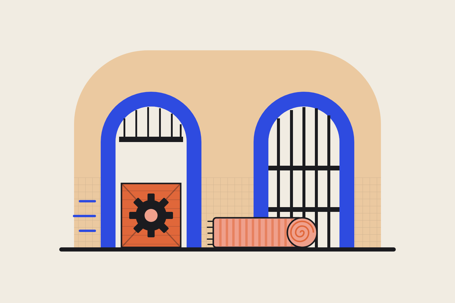 Flat geometric illustration in cobalt and terracotta.